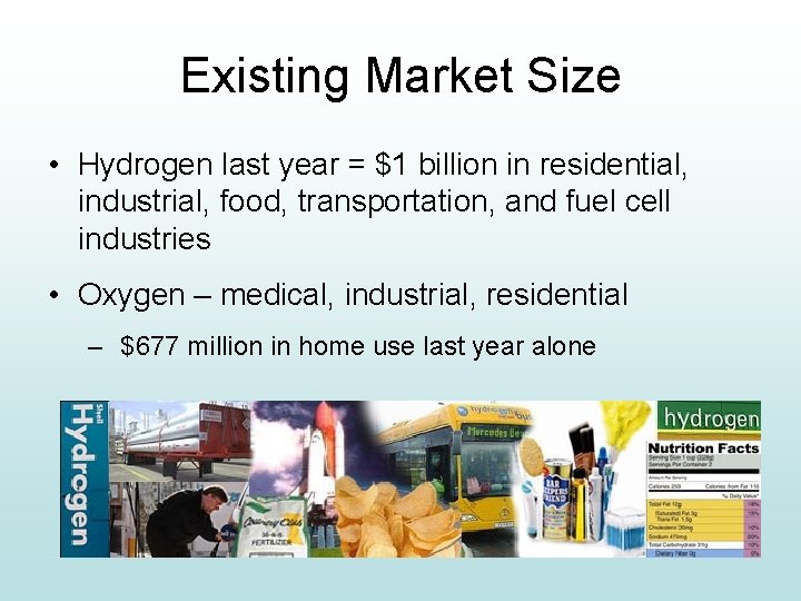 Existing Market Size • Hydrogen last year = $1 billion in residential, industrial, food,