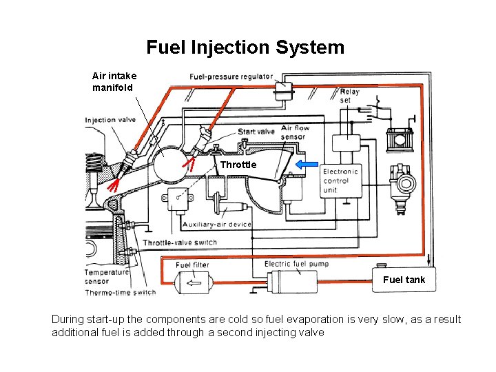 Fuel Injection System Air intake manifold Throttle Fuel tank During start-up the components are