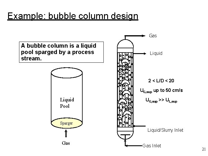 Example: bubble column design Gas A bubble column is a liquid pool sparged by