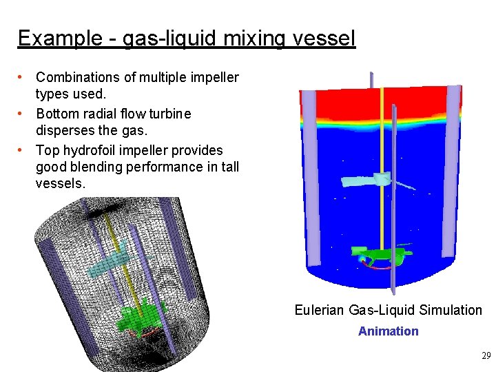 Example - gas-liquid mixing vessel • Combinations of multiple impeller types used. • Bottom