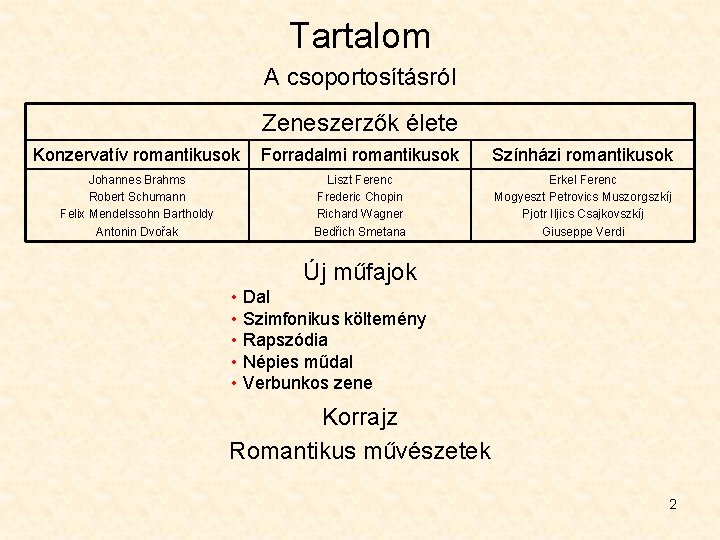 Tartalom A csoportosításról Zeneszerzők élete Konzervatív romantikusok Forradalmi romantikusok Színházi romantikusok Johannes Brahms Robert Tartalom A csoportosításról Zeneszerzők élete Konzervatív romantikusok Forradalmi romantikusok Színházi romantikusok Johannes Brahms Robert