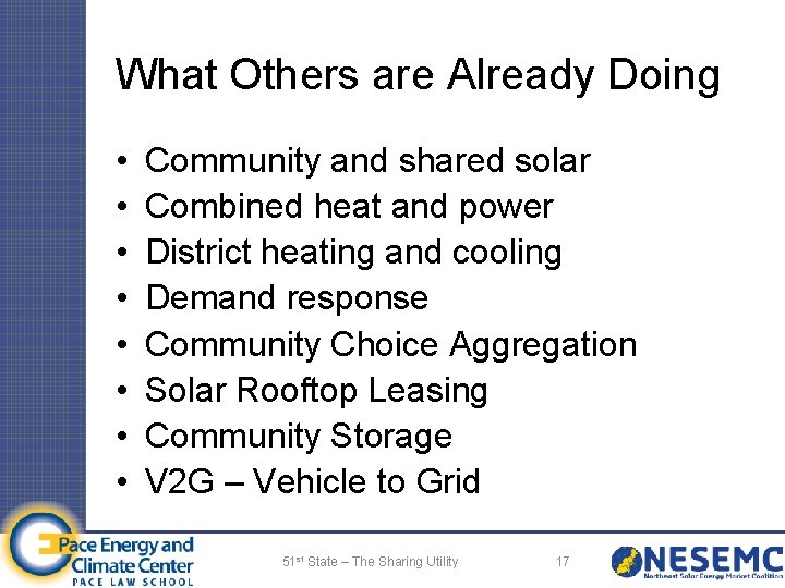 What Others are Already Doing • • Community and shared solar Combined heat and