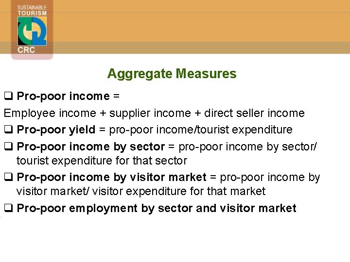 Aggregate Measures q Pro-poor income = Employee income + supplier income + direct seller