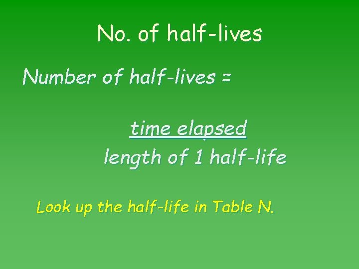 No. of half-lives Number of half-lives = time elapsed length of 1 half-life Look