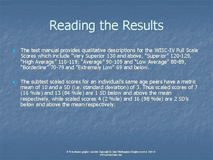 Reading the Results n n The test manual provides qualitative descriptions for the WISC-IV Reading the Results n n The test manual provides qualitative descriptions for the WISC-IV