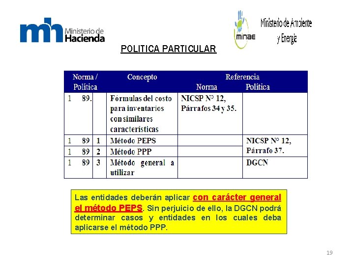POLITICA PARTICULAR Las entidades deberán aplicar con carácter general el método PEPS. Sin perjuicio