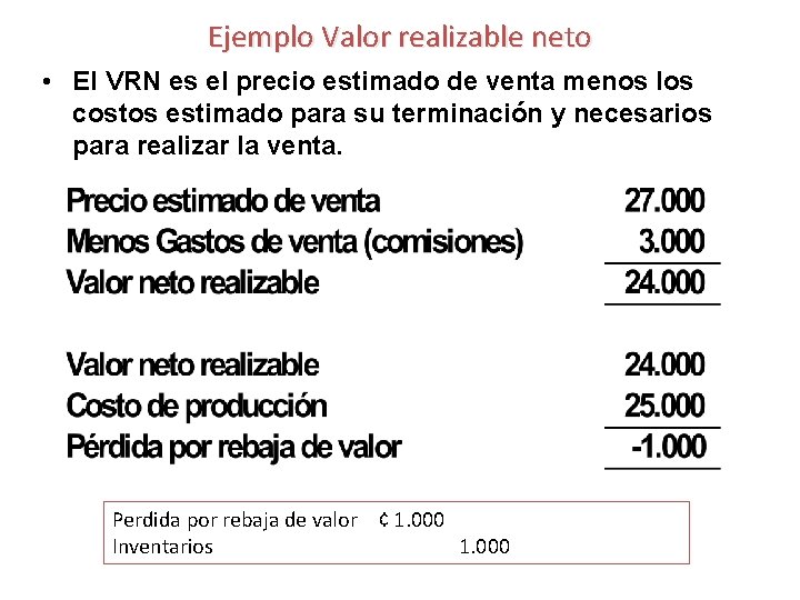 Ejemplo Valor realizable neto • El VRN es el precio estimado de venta menos