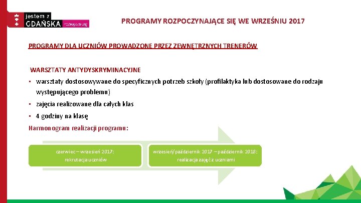 PROGRAMY ROZPOCZYNAJĄCE SIĘ WE WRZEŚNIU 2017 PROGRAMY DLA UCZNIÓW PROWADZONE PRZEZ ZEWNĘTRZNYCH TRENERÓW WARSZTATY