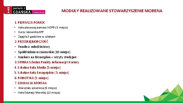 MODUŁY REALIZOWANE STOWARZYSZENIE MORENA 1. PIERWSZA POMOC • Koła pierwszej pomocy HOPR ( 5