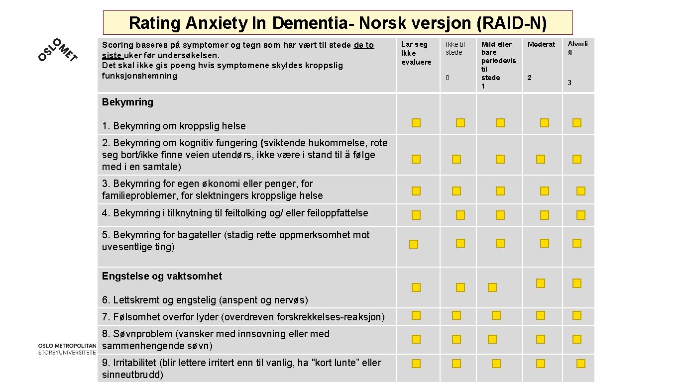 Rating Anxiety In Dementia- Norsk versjon (RAID-N) Scoring baseres på symptomer og tegn som