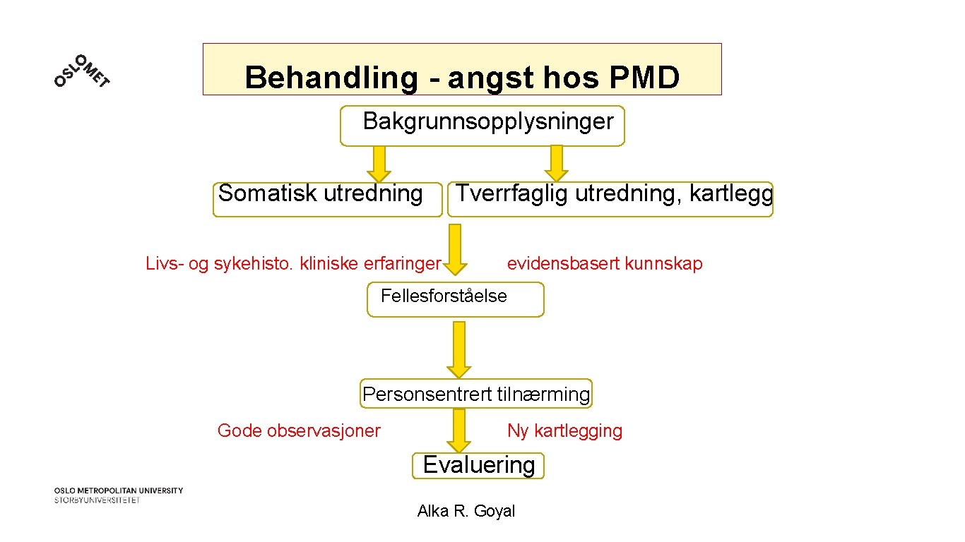 Behandling - angst hos PMD Bakgrunnsopplysninger Somatisk utredning Livs- og sykehisto. kliniske erfaringer Tverrfaglig