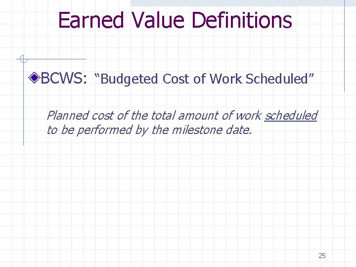 Earned Value Definitions BCWS: “Budgeted Cost of Work Scheduled” Planned cost of the total