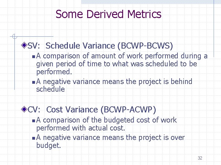 Some Derived Metrics SV: Schedule Variance (BCWP-BCWS) A comparison of amount of work performed