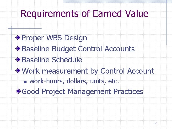 Requirements of Earned Value Proper WBS Design Baseline Budget Control Accounts Baseline Schedule Work
