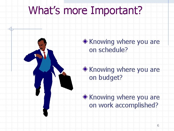 What’s more Important? Knowing where you are on schedule? Knowing where you are on