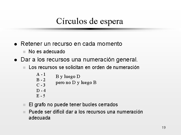 Círculos de espera l Retener un recurso en cada momento n l No es