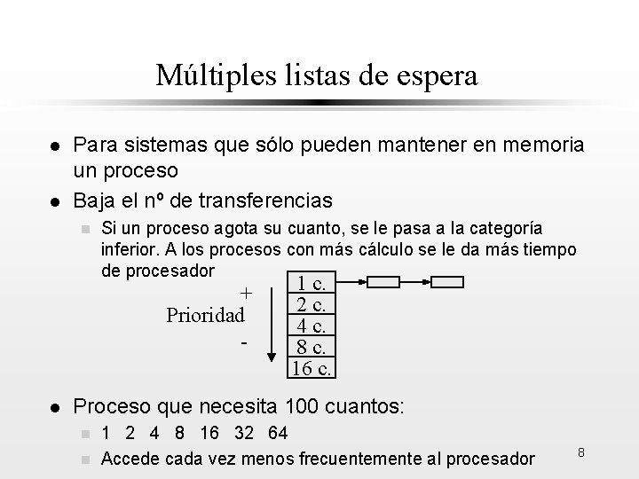 Múltiples listas de espera l l Para sistemas que sólo pueden mantener en memoria