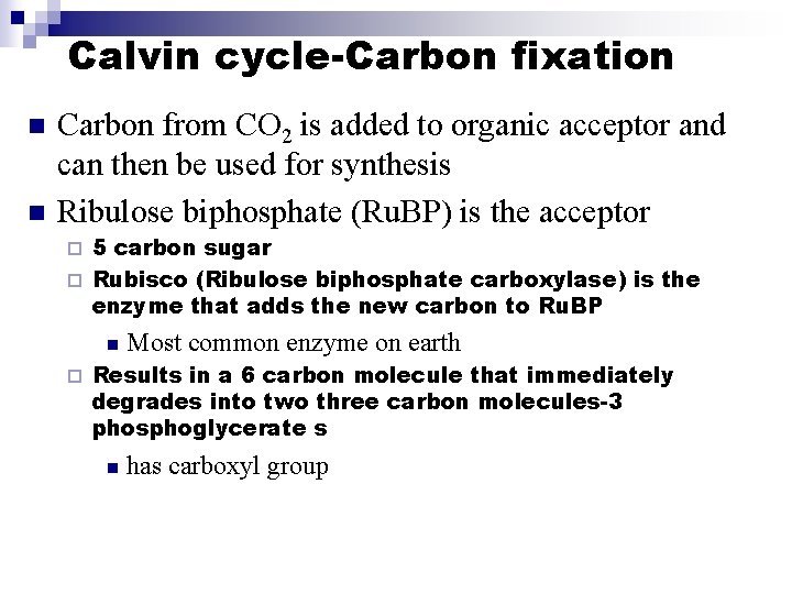 Calvin cycle-Carbon fixation n n Carbon from CO 2 is added to organic acceptor