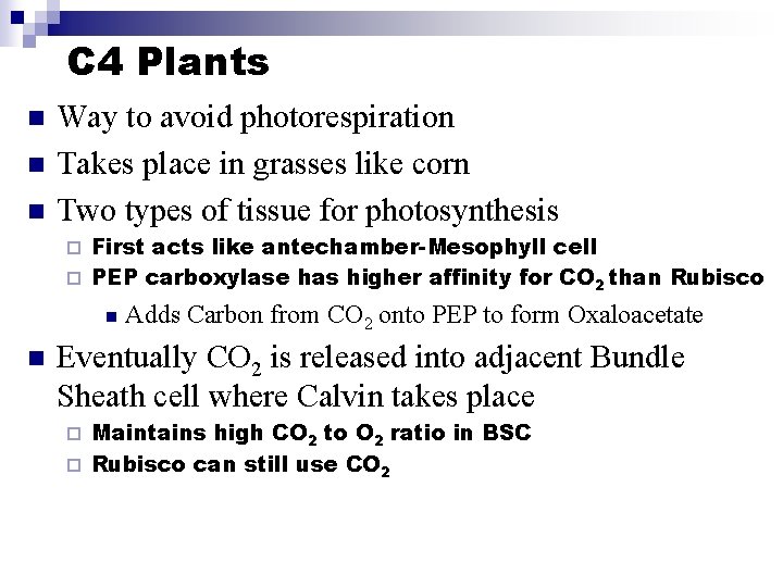 C 4 Plants n n n Way to avoid photorespiration Takes place in grasses