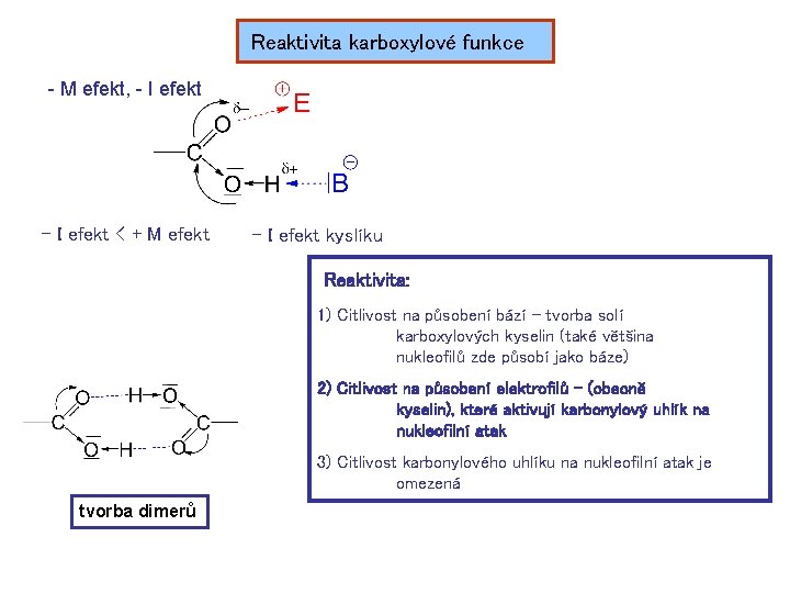 Reaktivita karboxylové funkce - M efekt, - I efekt < + M efekt -