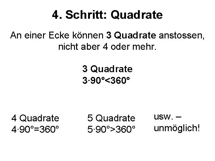 4. Schritt: Quadrate An einer Ecke können 3 Quadrate anstossen, nicht aber 4 oder
