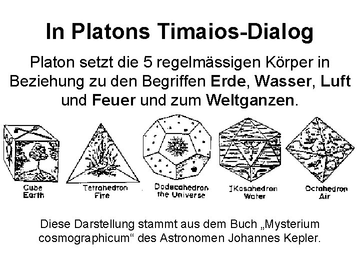 In Platons Timaios-Dialog Platon setzt die 5 regelmässigen Körper in Beziehung zu den Begriffen