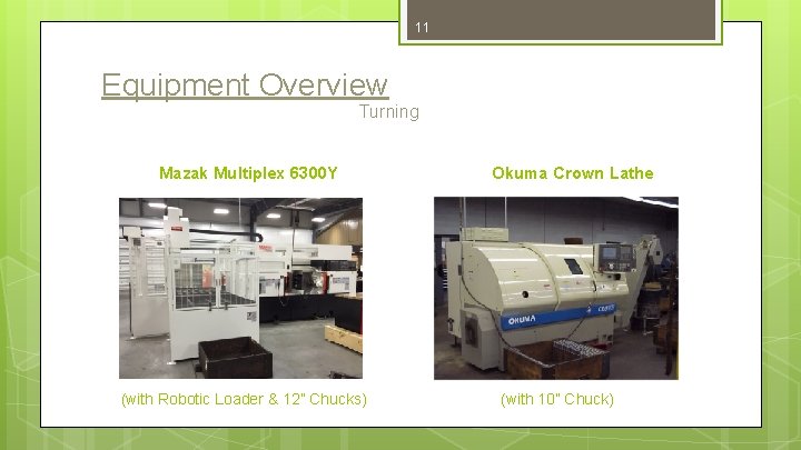 11 Equipment Overview Turning Mazak Multiplex 6300 Y (with Robotic Loader & 12” Chucks)