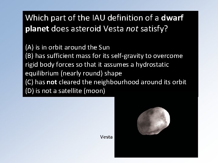 Which part of the IAU definition of a dwarf planet does asteroid Vesta not
