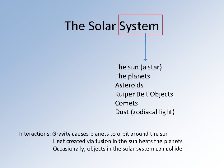 The Solar System The sun (a star) The planets Asteroids Kuiper Belt Objects Comets