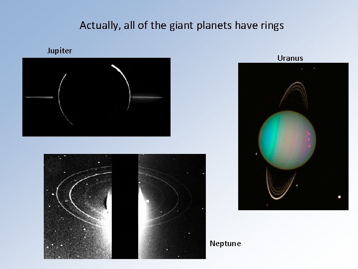 Actually, all of the giant planets have rings Jupiter Uranus Neptune 