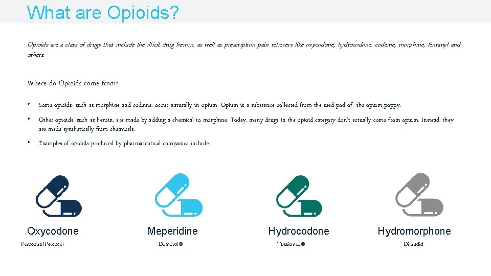 What are Opioids? Opioids are a class of drugs that include the illicit drug