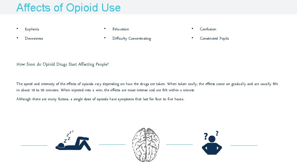 Affects of Opioid Use • Euphoria • Relaxation • Confusion • Drowsiness • Difficulty