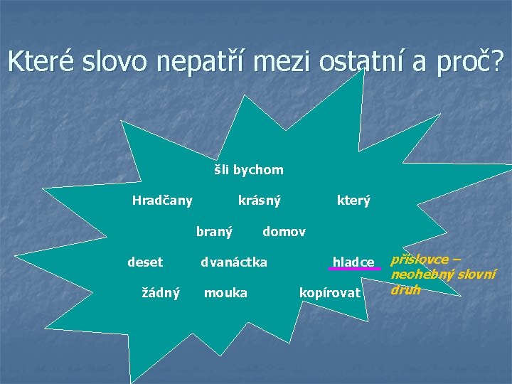 Které slovo nepatří mezi ostatní a proč? šli bychom Hradčany krásný braný deset žádný