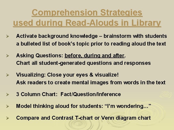 Comprehension Strategies used during Read-Alouds in Library Ø Activate background knowledge – brainstorm with