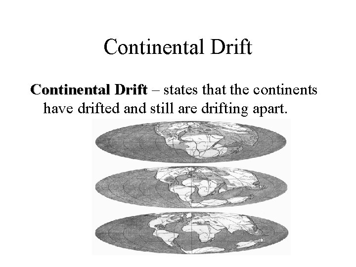 Continental Drift – states that the continents Continental Drift have drifted and still are