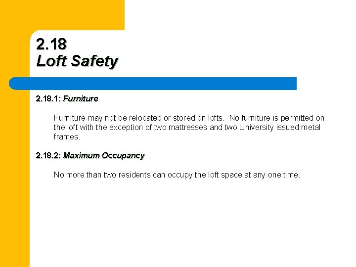 2. 18 Loft Safety 2. 18. 1: Furniture may not be relocated or stored