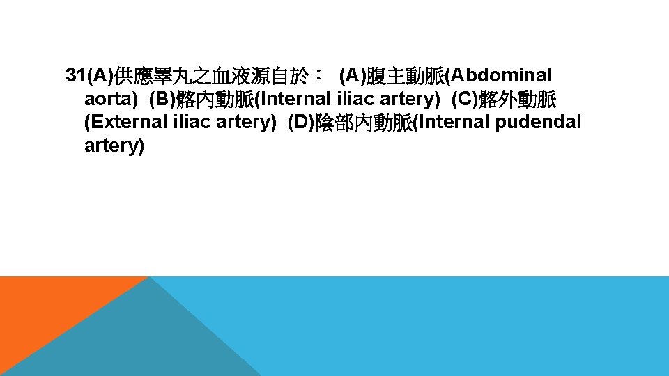 31(A)供應睪丸之血液源自於： (A)腹主動脈(Abdominal aorta) (B)髂內動脈(Internal iliac artery) (C)髂外動脈 (External iliac artery) (D)陰部內動脈(Internal pudendal artery) 