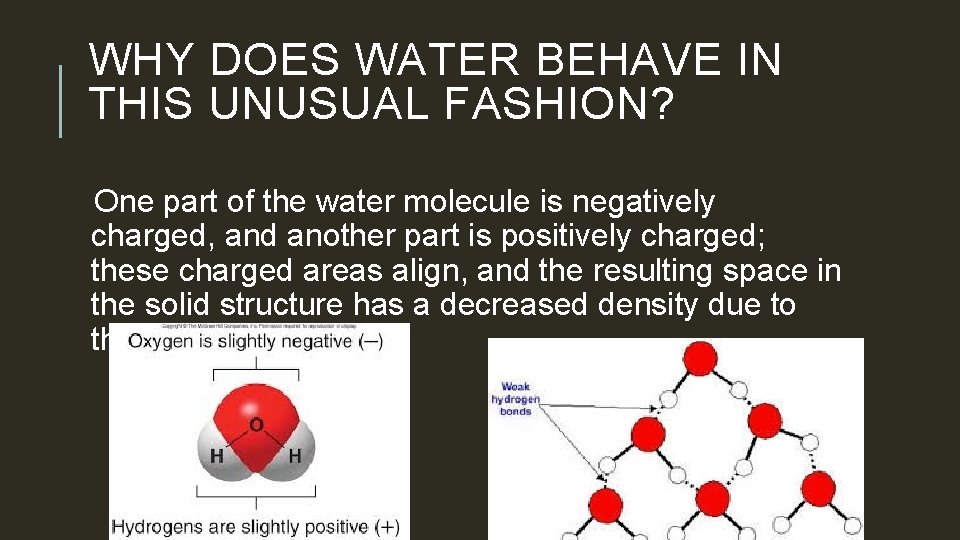 WHY DOES WATER BEHAVE IN THIS UNUSUAL FASHION? One part of the water molecule
