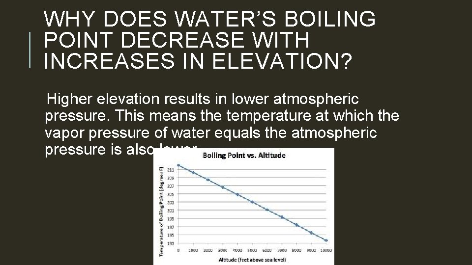 WHY DOES WATER’S BOILING POINT DECREASE WITH INCREASES IN ELEVATION? Higher elevation results in