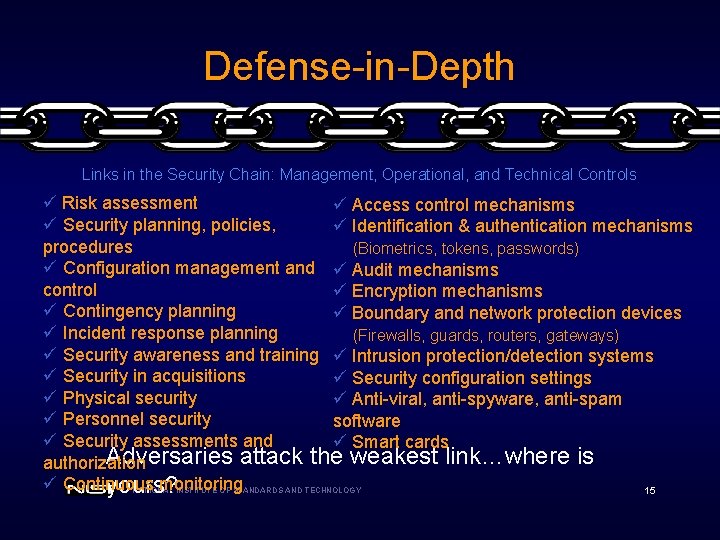 Defense-in-Depth Links in the Security Chain: Management, Operational, and Technical Controls ü Risk assessment
