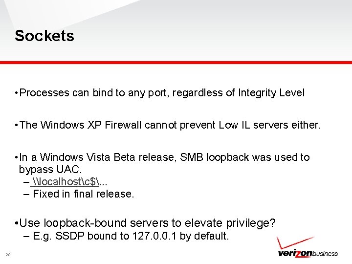 Sockets • Processes can bind to any port, regardless of Integrity Level • The