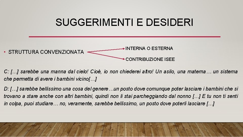 SUGGERIMENTI E DESIDERI • STRUTTURA CONVENZIONATA INTERNA O ESTERNA CONTRIBUZIONE ISEE C: […] sarebbe