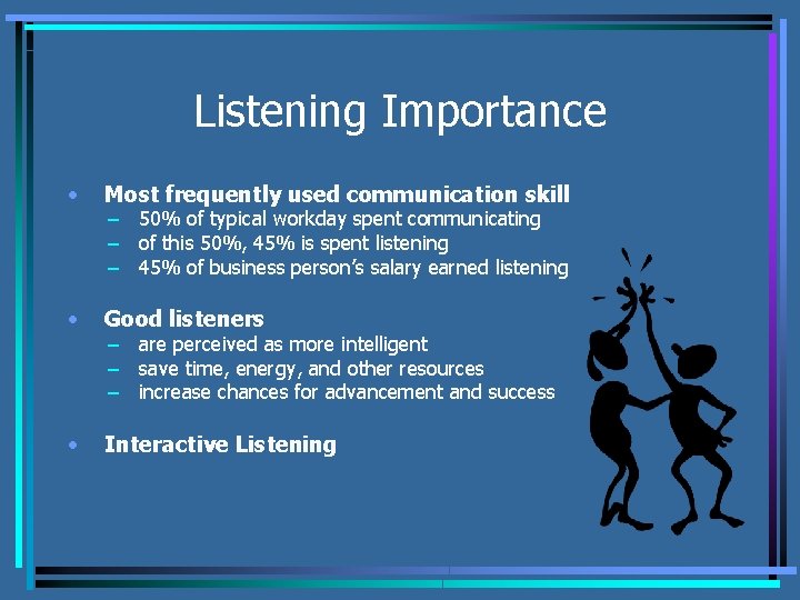 Listening Importance • Most frequently used communication skill • Good listeners • Interactive Listening