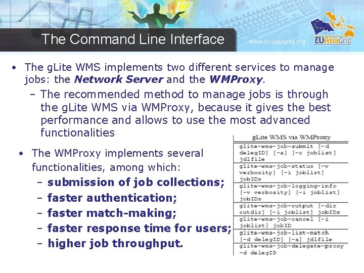 The Command Line Interface • The g. Lite WMS implements two different services to