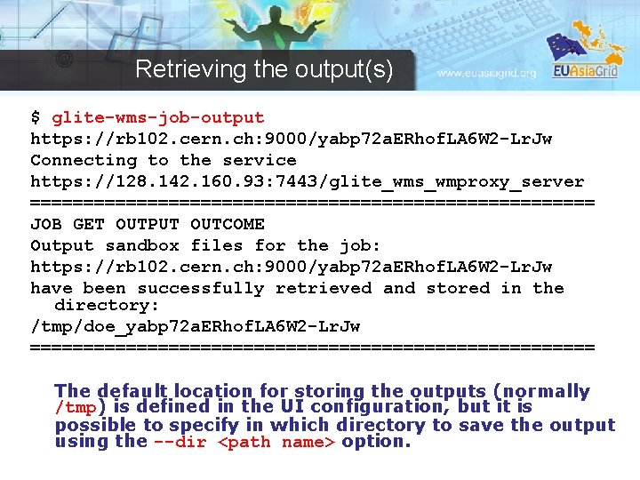 Retrieving the output(s) $ glite-wms-job-output https: //rb 102. cern. ch: 9000/yabp 72 a. ERhof.