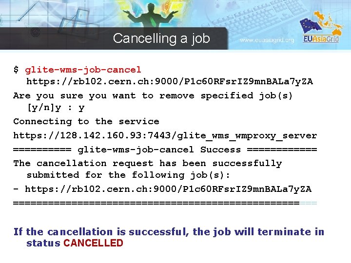 Cancelling a job $ glite-wms-job-cancel https: //rb 102. cern. ch: 9000/P 1 c 60