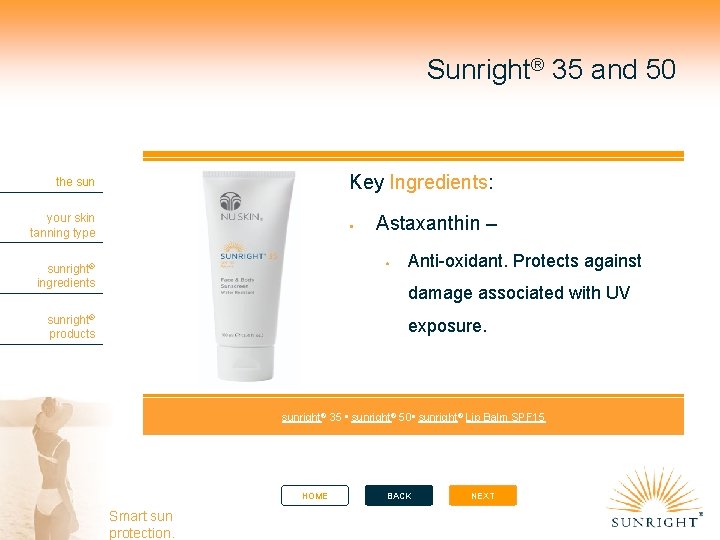 Sunright® 35 and 50 Key Ingredients: the sun your skin tanning type Astaxanthin –