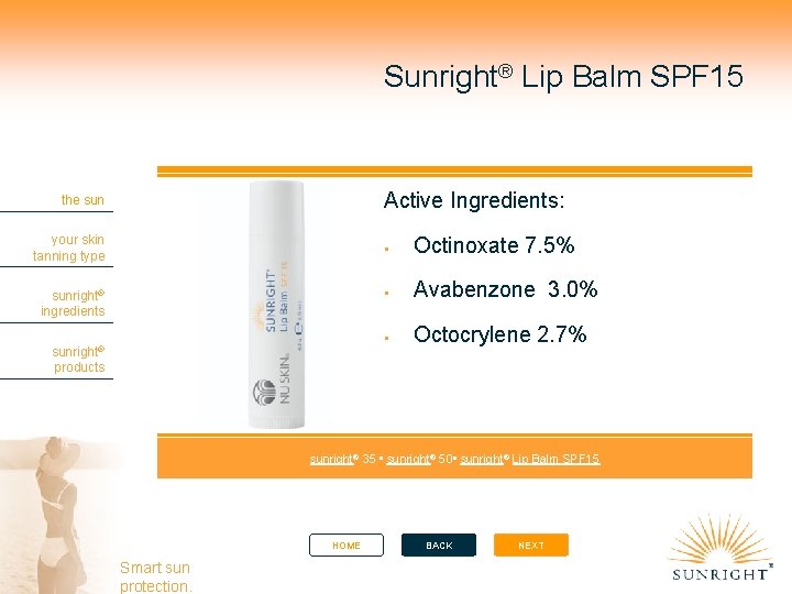 Sunright® Lip Balm SPF 15 Active Ingredients: the sun your skin tanning type sunright®