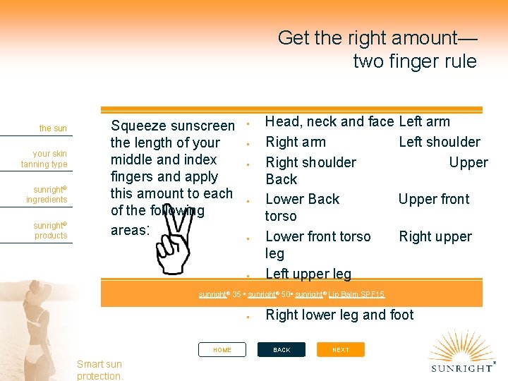 Get the right amount— two finger rule the sun your skin tanning type sunright®