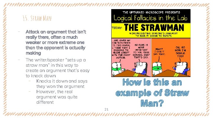 15. Straw Man ‐ ‐ Attack an argument that isn’t really there, often a